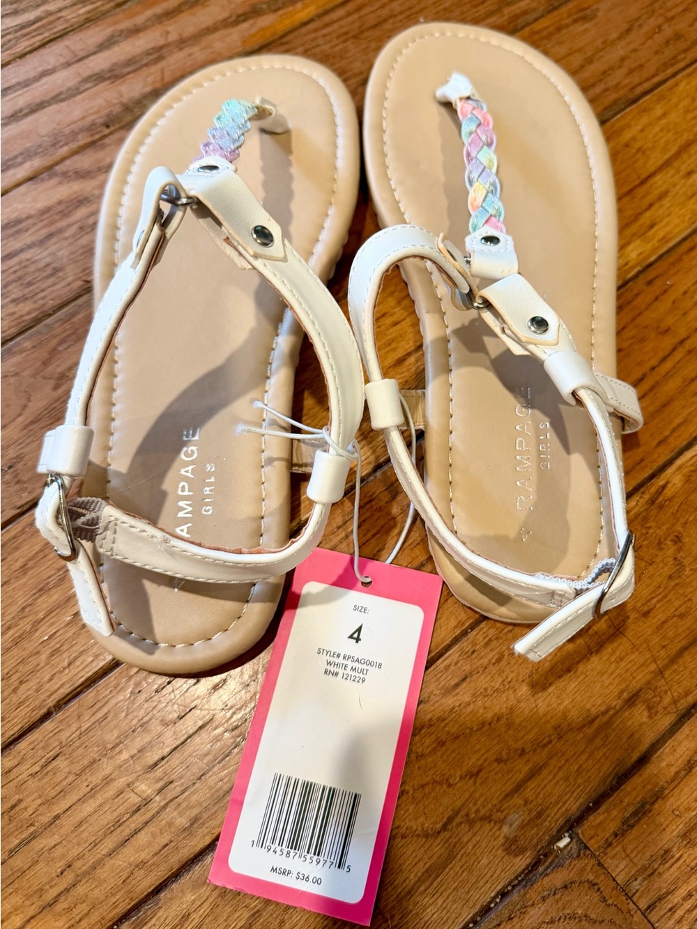 NWT Rampage Girls Braided T-Strap Sandals Size 4 White Multi MSRP $36